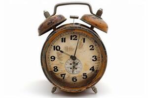 Old alarm clock showing time passing on white background photo