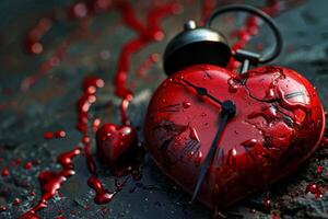Broken heart shaped clock is showing almost midnight with blood dripping on dark background photo