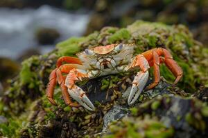 Sally lightfoot crab standing on rocks with ocean in background photo