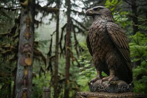 Majestic bronze eagle statue standing in lush forest setting photo