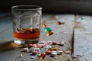 Glass of alcohol surrounded by pills and broken glass on worn table photo