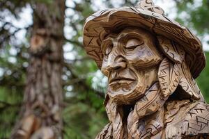 Wooden statue of a man with hat carved from a tree trunk photo