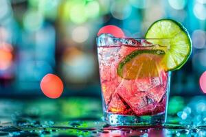 Refreshing red cocktail with lime and ice cubes on a bar photo