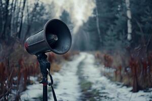 Megaphone standing on tripod broadcasting in snowy forest photo