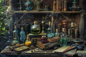 Alchemist working place with open book, potions and old manuscripts on table surrounded by smoke photo