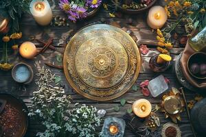 Spiritual background showing ayurveda concept with singing bowl and herbs on wooden table photo