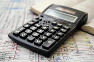 Calculator laying on top of financial spreadsheet for budgeting photo