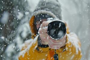 Photographer taking pictures during heavy snowfall in a forest photo