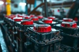 Row of black industrial batteries with red caps in a factory photo