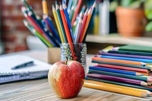 Red apple sitting on desk with stack of colored pencils and open notebook photo