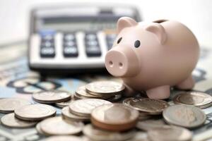 Piggy bank standing on a pile of coins with calculator and banknotes in the background photo