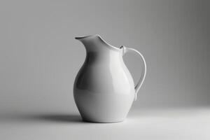 White ceramic pitcher standing on white surface with gray background photo