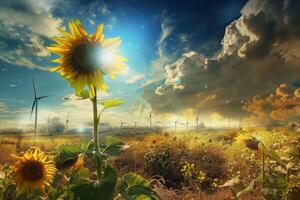 Sunflower field is generating clean energy with wind turbines photo