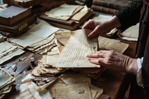 Librarian examining old documents in the archive photo