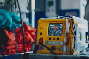 Defibrillator showing vital signs in blurred emergency room background photo