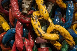 Colorful industrial chains intertwining creating abstract pattern photo