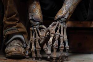 Skeleton hands resting on wooden surface in workshop photo