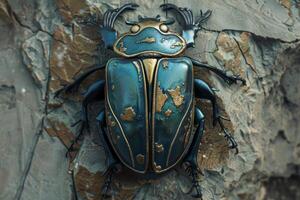 Large metallic blue and gold beetle posing on a textured surface photo