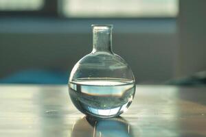 Round bottom flask containing liquid sitting on table in laboratory photo