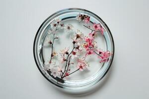 Cherry tree branch with flowers floating in water in glass bowl on white background photo