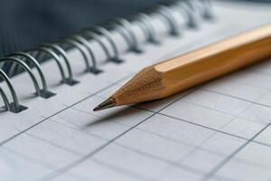Sharpened pencil lying on a blank notepad page ready for writing photo