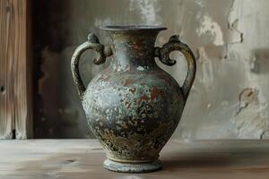 Ancient amphora standing on wooden table against grunge wall background photo