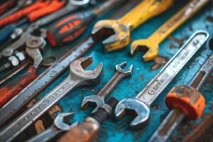 Set of old rusty wrenches lying on a blue wooden workbench photo