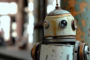 Old rusty robot looking away from the camera photo