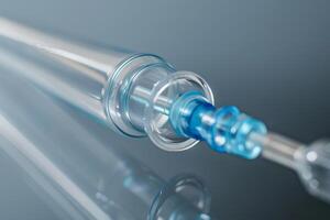 Medical syringe is lying on a reflective surface photo