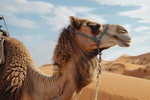 Camel wearing a bridle standing in the desert on a sunny day photo