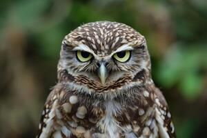 Burrowing owl staring with intense yellow eyes photo