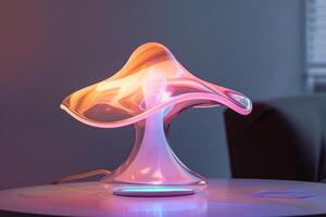 Modern designed desk lamp casting colorful light in room photo