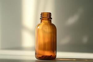 Open brown medical bottle standing on a white surface with pills inside photo