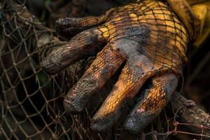 Worker wearing damaged and dirty protective glove holding rusty fence photo
