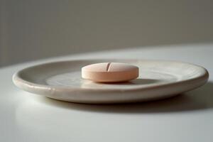 Single round pill lying on white plate on white background photo