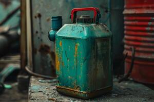 Old rusty green jerrycan standing on concrete surface photo