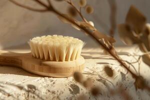 Natural bamboo body brush lying on beige background with dried plants for wellness and skincare routine photo
