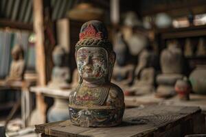 Old weathered buddha statue sitting on a shelf in an antique shop photo