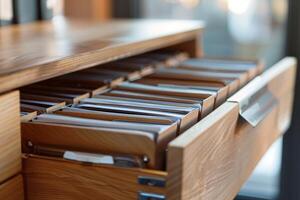 Open drawer of wooden filing cabinet containing folders with documents photo