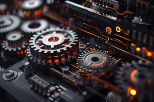 Complex mechanism with rotating gears and electronic circuits lighting up photo