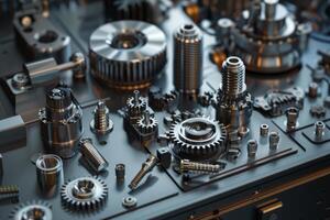 Complex mechanism with shiny gears and cogwheels working on industrial machine photo
