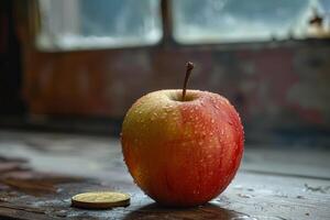 Fresh red apple covered with water drops and a coin symbolizing payment photo