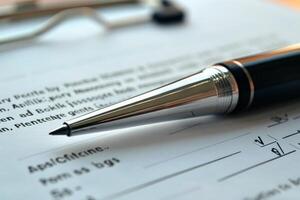 Elegant pen lying on a contract with a clipboard in the background photo