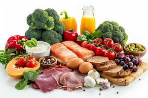 Fresh mediterranean diet food with fish, vegetables, fruit, eggs and cheese on white background photo