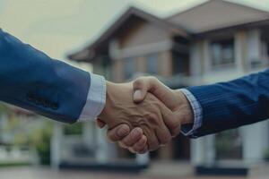 Two businessmen shaking hands in front of house photo