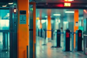 Elevator doors opening to empty airport terminal with security checkpoint photo