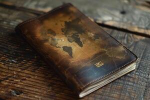 Leather bound travel journal showing a world map lying on a rustic wooden table photo