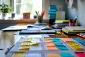 Project manager organizing ideas using kanban methodology on desk photo