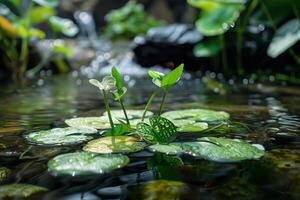 Water lily pads floating on pond with waterfall in background photo