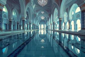 Sheikh zayed grand mosque reflecting in water at sunset photo